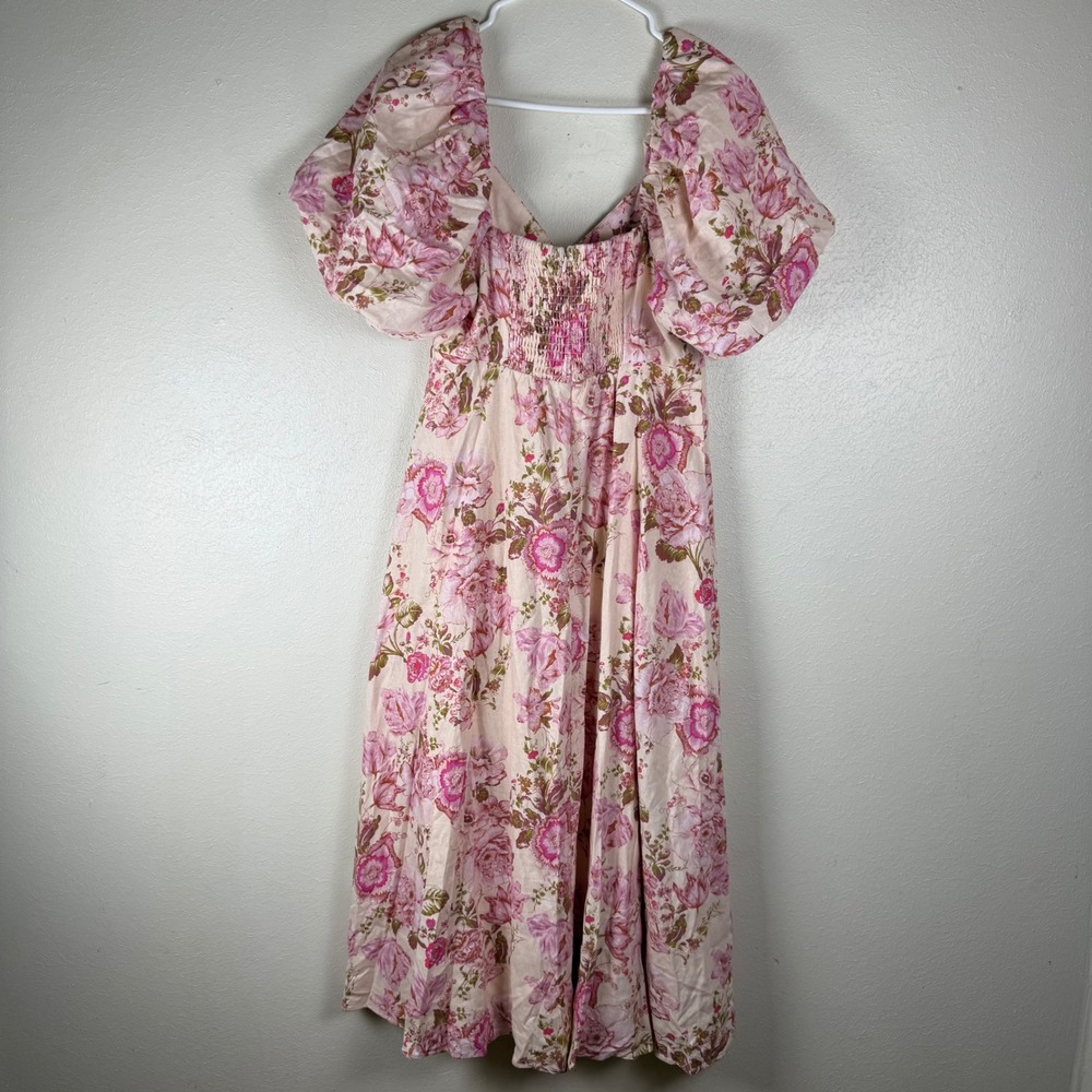 Avec Les Filles Pink Floral Linen Blend Puff Sleeve Midi Dress Size 12 - Picture 6 of 9